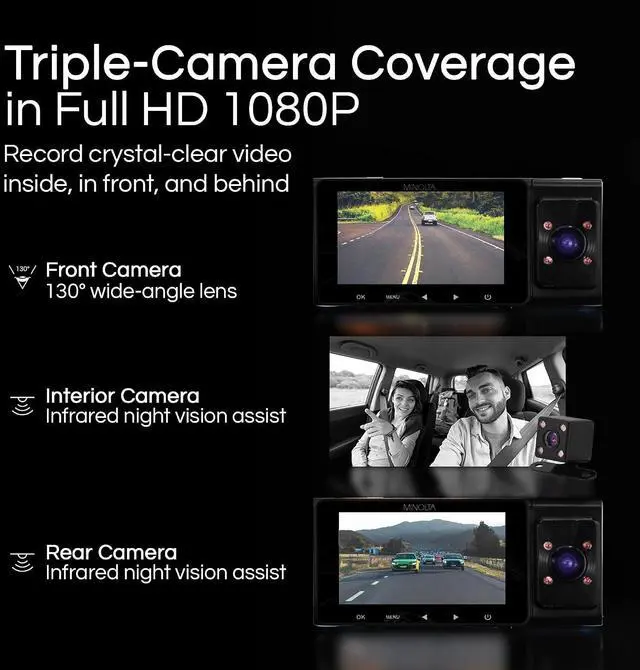 Alt view image 3 of 4 - Minolta MNCD338T 3-Channel Dash Camera (Blue) 1080P Full HD Dash Cam with Front, Interior & Rear Cameras, 3.0" LCD Display, 130° Wide-Angle Lens + More