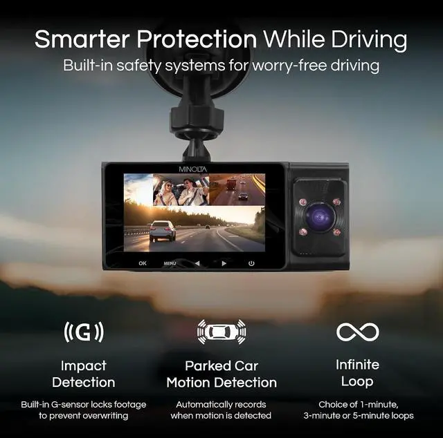 Alt view image 4 of 4 - Minolta MNCD338T 3-Channel Dash Camera (Blue) 1080P Full HD Dash Cam with Front, Interior & Rear Cameras, 3.0" LCD Display, 130° Wide-Angle Lens + More