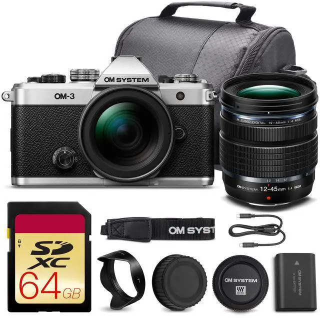 Main image of OM SYSTEM OM-3 Mirrorless Camera with 12-45mm f/4 PRO Lens Bundle + 64GB Card + Bag