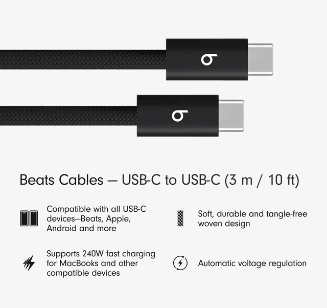 Alt view image 3 of 4 - Beats 240W USB-C to USB-C Braided Cable, Fast Charging, Durable/Tangle Free, Compatible with Apple and Android Devices (3 m/10 ft) - Bolt Black