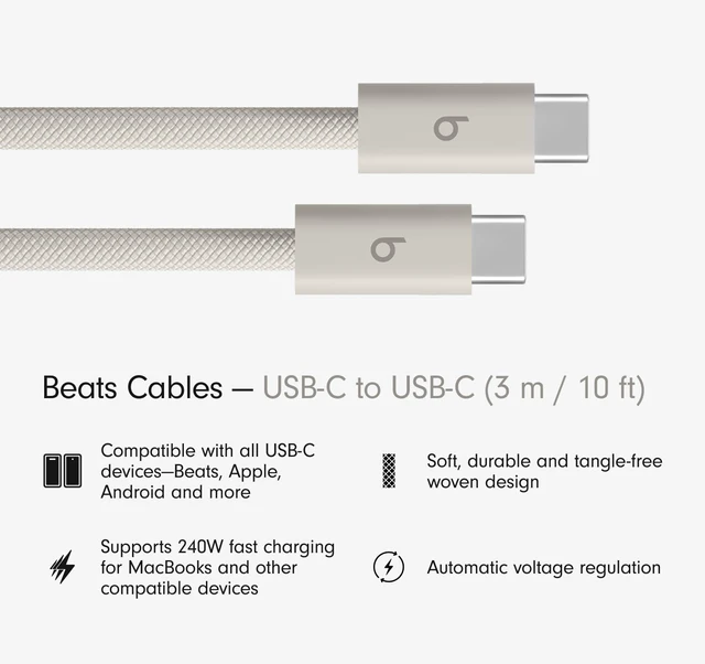 Alt view image 2 of 3 - Beats 240W USB-C to USB-C Braided Cable, Fast Charging, Durable/Tangle Free, Compatible with Apple and Android Devices (3 m/10 ft) - Surge Stone