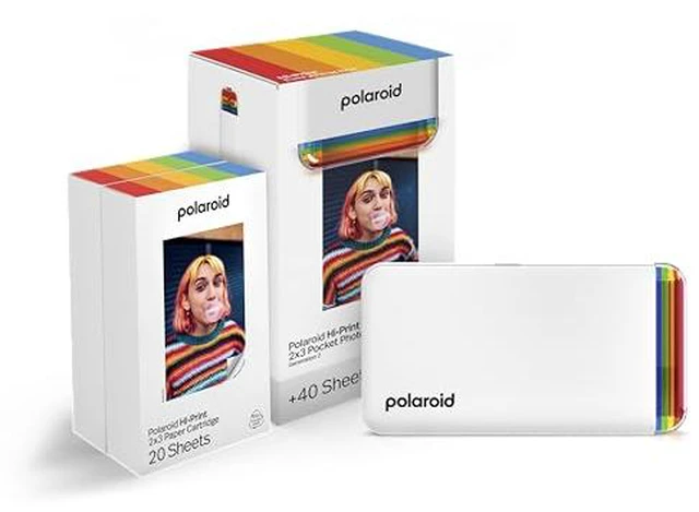 Main image of Polaroid Hi-Print + Paper Bundle - 2nd Generation Bluetooth Connected 2x3 Pocket Photo Dye-Sub Printer - White Printer + 40 Photos (6438)