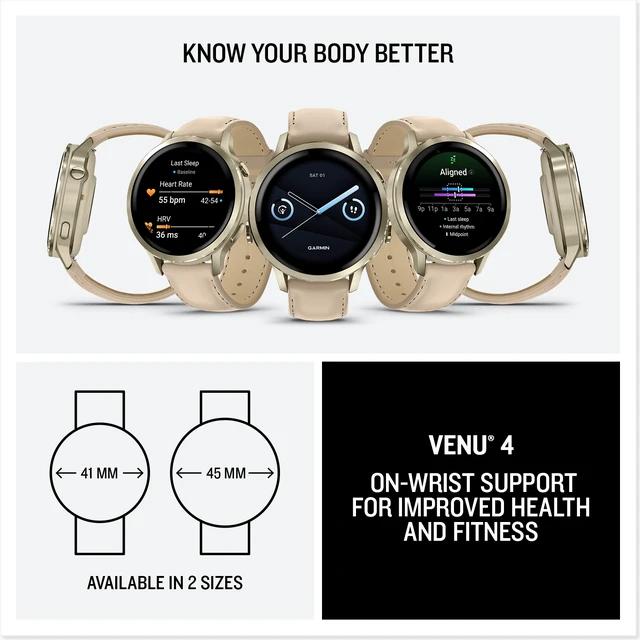 Alt view image 7 of 7 - Garmin Venu 4, 41mm, Advanced Health and Fitness GPS Smartwatch, Bright and Colorful Display, Built-in Flashlight, 10 Days of Battery Life, Lunar Gold with Light Sand Leather Band