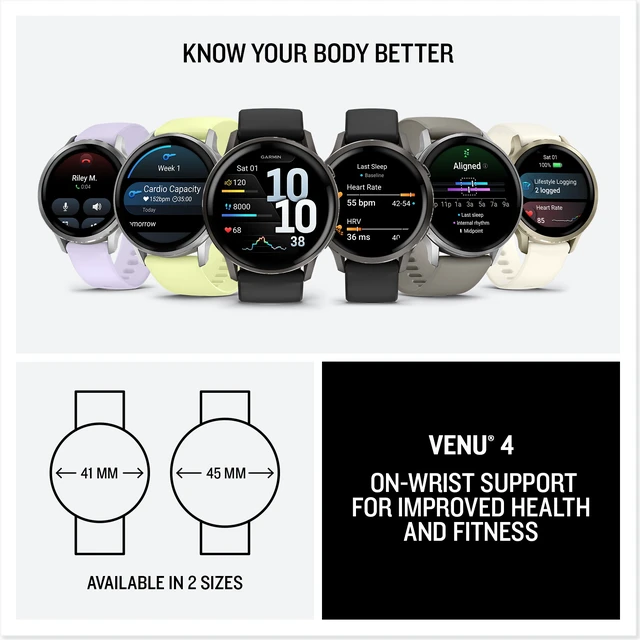 Alt view image 7 of 7 - Garmin Venu 4, 45mm, Advanced Health and Fitness GPS Smartwatch, Bright and Colorful Display, Built-in Flashlight, 12 Days of Battery Life, Silver with Citron Silicone Band