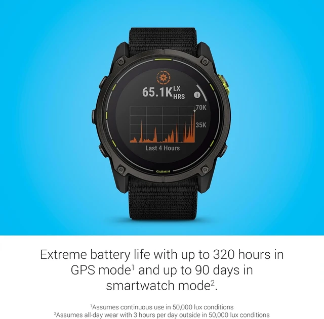 Alt view image 5 of 6 - Garmin Enduro 3 - 51 mm, Solar, Sapphire, Ultraperformance GPS Smartwatch, Extreme Battery Life, Detailed Mapping, Built-in LED Flashlight, Carbon Gray DLC Titanium with Black UltraFit Nylon Strap
