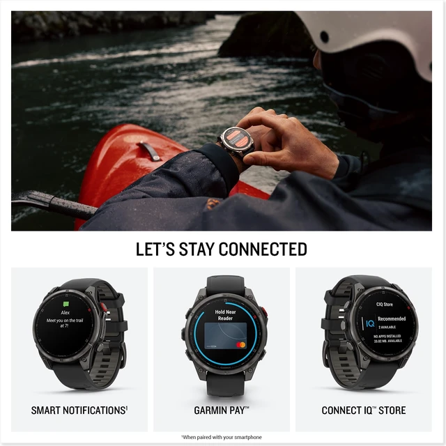 Alt view image 4 of 6 - Garmin fnix® 8 Pro, 51mm, AMOLED Display, Premium Connected Multisport GPS Smartwatch, inReach® Technology, Sapphire, Carbon Gray DLC Titanium with Black/Pebble Gray Silicone Band