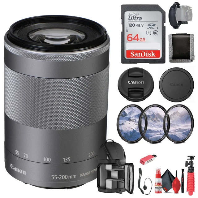 Alt view image 6 of 6 - Canon EF-M 55-200mm f/4.5-6.3 IS STM Lens (Silver) (1122C002) + 64GB Card - Bundle