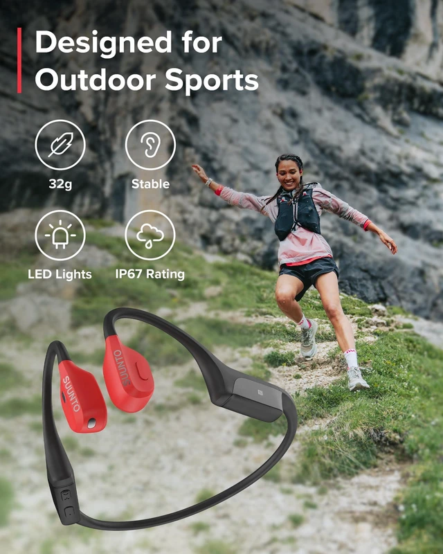 Alt view image 5 of 6 - SUUNTO Wing Open-Ear Bone Conduction Headphone, Bluetooth Wireless Sport Headphone w/Head Movement Control, Built-in HD Mic, IP67 Sweatproof, Safety Lights, 10H Playtime & 20H w/Charging Stand, Red