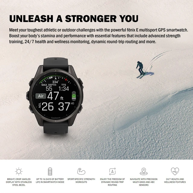 Alt view image 6 of 7 - fenix E 47 mm, AMOLED, Stainless Steel with Black Silicone Band