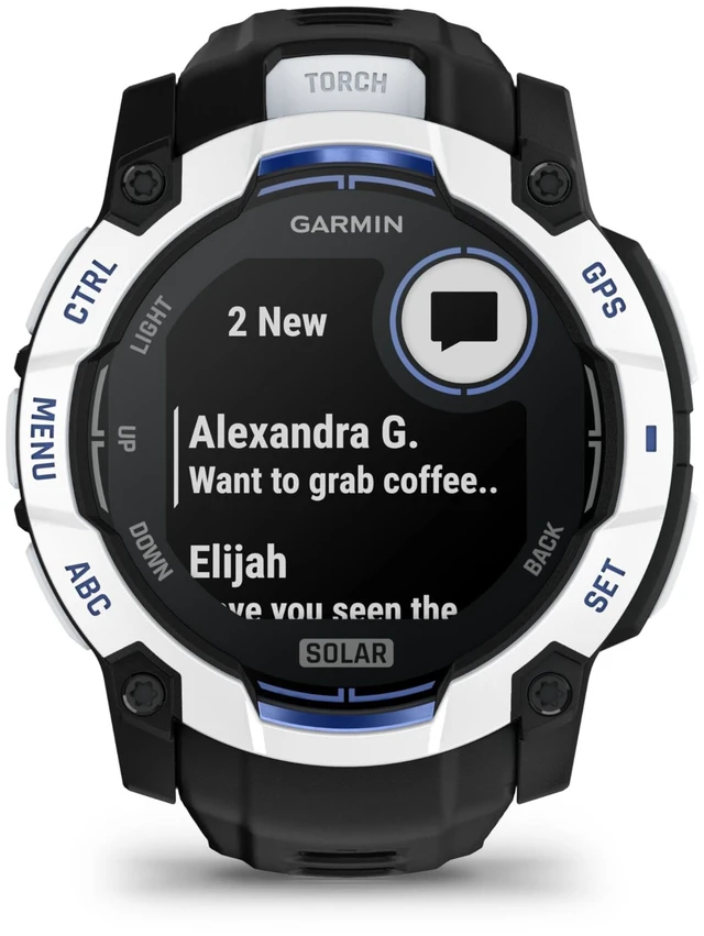 Alt view image 4 of 5 - Garmin Instinct® 3 - 50 mm, Solar, Rugged Outdoor GPS Smartwatch, Built-in Flashlight, Supernova Collection Limited Edition Color, Whitestone with Black/Bolt Blue Silicone Band