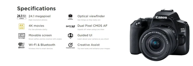 Alt view image 7 of 7 - Canon EOS 250D / Rebel SL3 DSLR Camera with 18-55mm Lens (Black) + Creative Filter Set, EOS Camera Bag + 6AVE Electronics