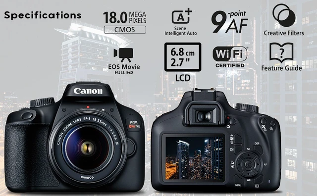 Alt view image 5 of 7 - Canon EOS 4000D / Rebel T100 DSLR Camera w 18-55mm Lens 58mm Filters Intl Bundle (International Version)
