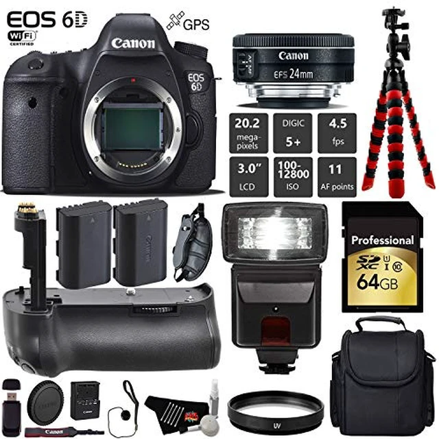 Alt view image 6 of 6 - Canon EOS 6D DSLR Camera with 24mm f/2.8 STM Lens + Professional Battery Grip + UV Protection Filter + Flash + Extra Bat