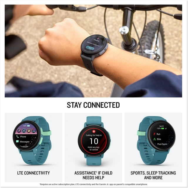 Alt view image 4 of 5 - Garmin Bounce 2, Kids Smartwatch with Calling, Messaging and Location Tracking Features, Turquoise