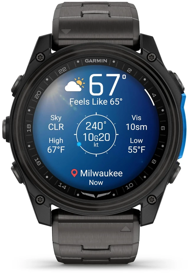 Alt view image 5 of 5 - Garmin D2 Mach 2, 51mm Touchscreen Aviator Smartwatch with GPS Moving Map, Aviation Weather, Health and Wellness Features, Flashlight, and More Carbon Gray DLC Titanium with Vented Bracelet