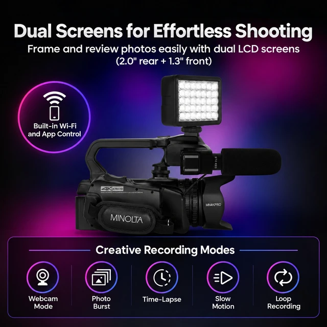 Alt view image 5 of 6 - Minolta MN4KPRO 4K60FPS Ultra HD / 64 MP Autofocus Pro Camcorder Kit w/WiFi