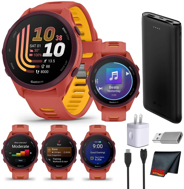 Main image of Garmin Forerunner 170 Music GPS Running Smartwatch Red Pink/Mango Bundle