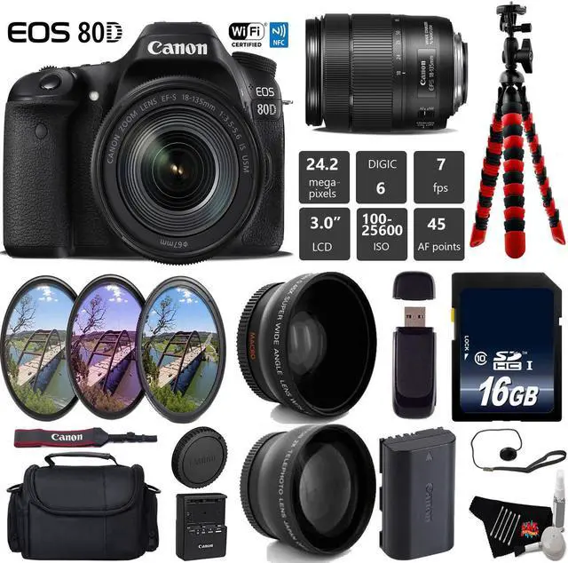 Main image of Canon EOS 80D DSLR Camera with 18-135mm is STM Lens + Tripod + UV FLD CPL Filter Kit + Wide Angle & Telephoto Lens + Camera Case + Card Reader - Intl Model