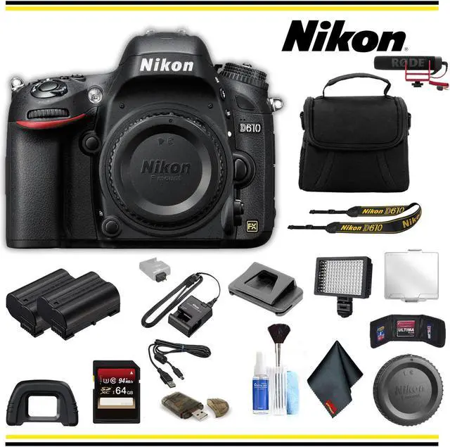 Main image of Nikon D610 DSLR Camera Advanced Bundle W/ Bag, Extra Battery, LED Light, Mic, and More - (Intl Model)