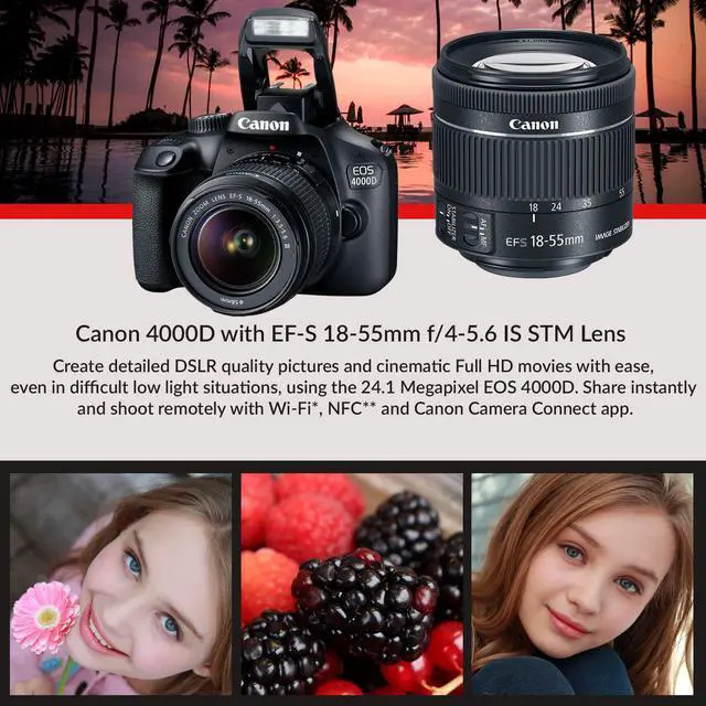 Alt view image 5 of 13 - Canon EOS 4000D DSLR Camera and EF-S 18-55 mm f/3.5-5.6 III Lens + 64GB Memory Card + Camera Bag + Cleaning Kit + Table Tripod + Flash + Filters + Battery + Camera Strap