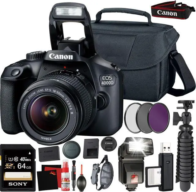 Alt view image 2 of 13 - Canon EOS 4000D DSLR Camera and EF-S 18-55 mm f/3.5-5.6 III Lens + 64GB Memory Card + Camera Bag + Cleaning Kit + Table Tripod + Flash + Filters + Battery + Camera Strap