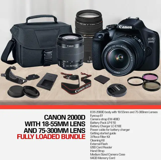 Alt view image 4 of 4 - Canon EOS 2000D (Rebel t7) DSLR Camera and EF-S 18-55 mm f/3.5-5.6 IS III Lens + 75-300mm Telephoto Zoom Lens + 64GB Memory Card + Camera Bag + Cleaning Kit + Table Tripod + Flash + Filters