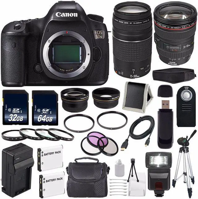 Main image of Canon EOS 5DS DSLR Camera (International Model) 0581C002 + Canon EF 24-105mm f/4L is USM Lens + Canon EF 75-300 III+ LP-E6 Replacement Battery + Charger + 64GB SDXC Card Bundle