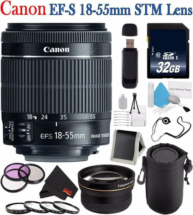 Main image of 6Ave Canon EF-S 18-55mm f/3.5-5.6 is STM Lens 8114B002 + 58mm 3 Piece Filter Kit + SD Card USB Reader + 32GB SDHC Class