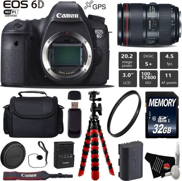 Main image of Canon EOS 6D DSLR Camera with 24-105mm f/4L II Lens + Wrist Strap + Wireless Remote + UV Protection Filter + Case + Tripod + Card Reader - Intl Model