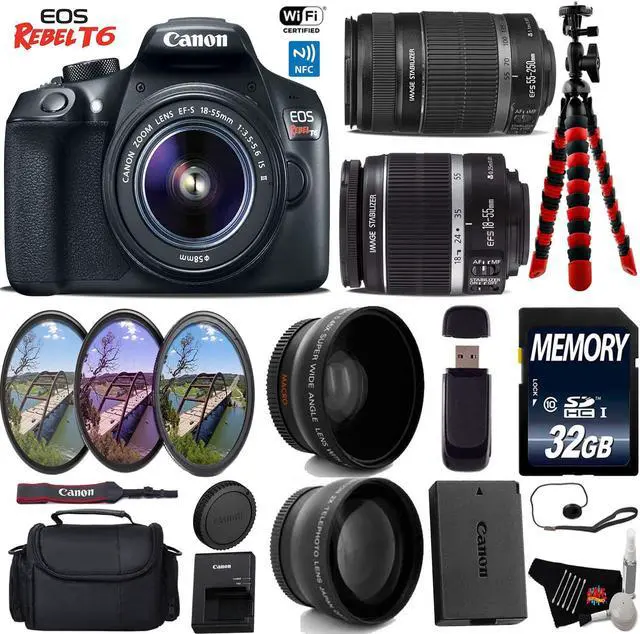 Main image of Canon EOS Rebel T6 DSLR Camera with 18-55mm IS Lens & 55-250mm IS II Lens + UV FLD CPL Filter Kit + Tripod + Wide Angle & Telephoto Lens + Camera Case + Card Reader + Bundle (Intl Model)