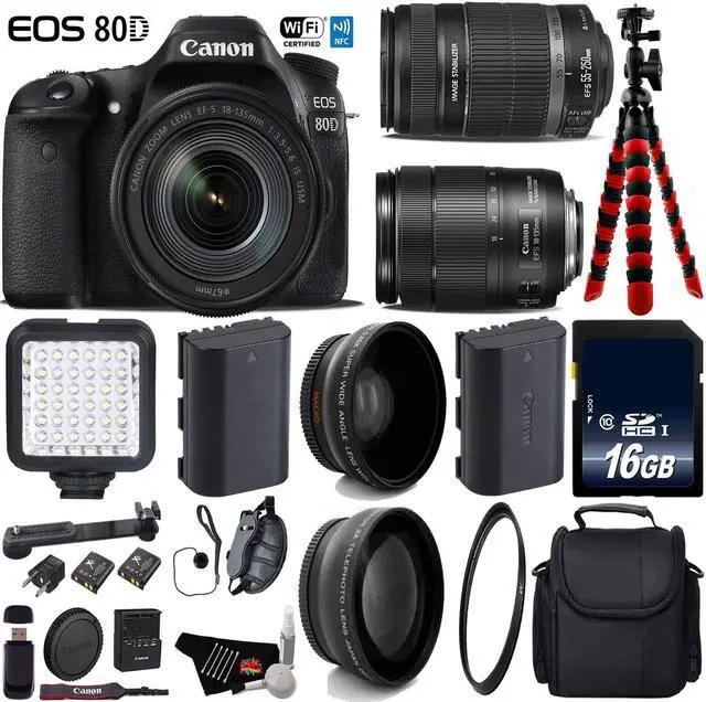 Main image of Canon EOS 80D DSLR Camera with 18-135mm is STM Lens & 55-250mm is II Lens + LED + UV FLD CPL Filter Kit + Wide Angle & Telephoto Lens + Camera Case + Tripod + Card Reader - Intl Model