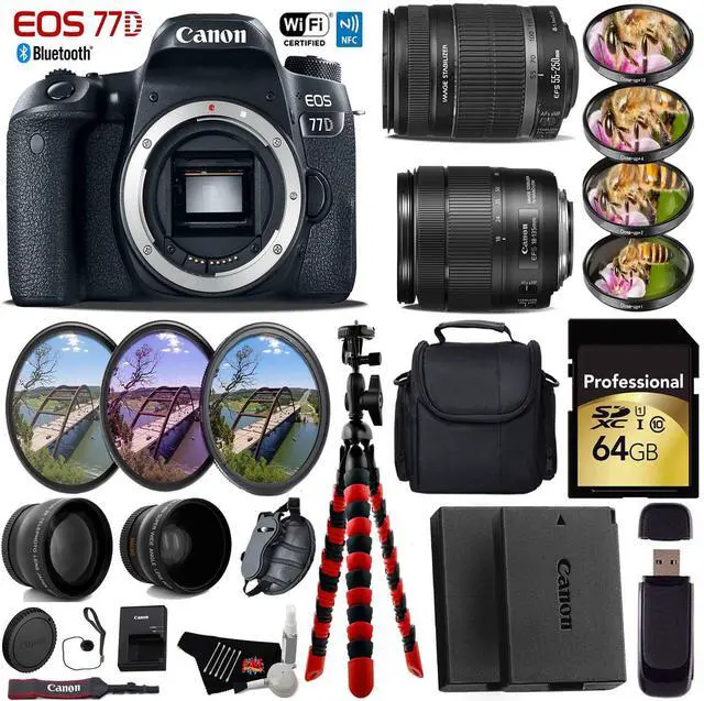 Main image of Canon EOS 77D DSLR Camera & 18-135mm is STM Lens & 55-250mm is II Lens + Tripod + UV FLD CPL Filter Kit + 4 PC Macro Kit + Wide Angle & Telephoto Lens + Case + Card Reader - Intl Model