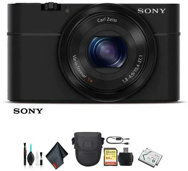 Main image of Sony Cyber-shot DSC-RX100 Camera DSCRX100/B With Soft Bag, Additional Battery, 64GB Memory Card, Card Reader , Plus Essential Accessories