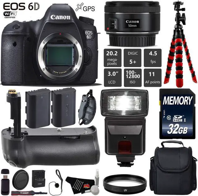 Main image of Canon EOS 6D DSLR Camera with 50mm f/1.8 STM Lens + Wrist Strap + Professional Battery Grip + UV Protection Filter + Flash + Extra Battery + Case + Tripod + Card Reader - Intl Model