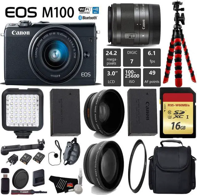 Main image of Canon EOS M100 Mirrorless Digital Camera (Black) with 15-45mm Lens + LED + UV FLD CPL Filter Kit + Wide Angle & Telephoto Lens + Camera Case + Tripod + Card Reader - International Version