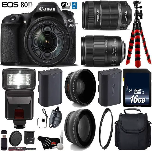 Main image of Canon EOS 80D DSLR Camera with 18-135mm is STM Lens & 55-250mm is II Lens + Flash + UV FLD CPL Filter Kit + Wide Angle & Telephoto Lens + Case + Tripod + Card Reader - Intl Model
