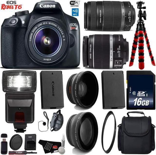 Main image of Canon EOS Rebel T6 DSLR Camera with 18-55mm IS Lens & 55-250mm IS II Lens + Flash + UV FLD CPL Filter Kit + Wide Angle & Telephoto Lens + Camera Case + Tripod + Card Reader + Bundle (Intl Model)