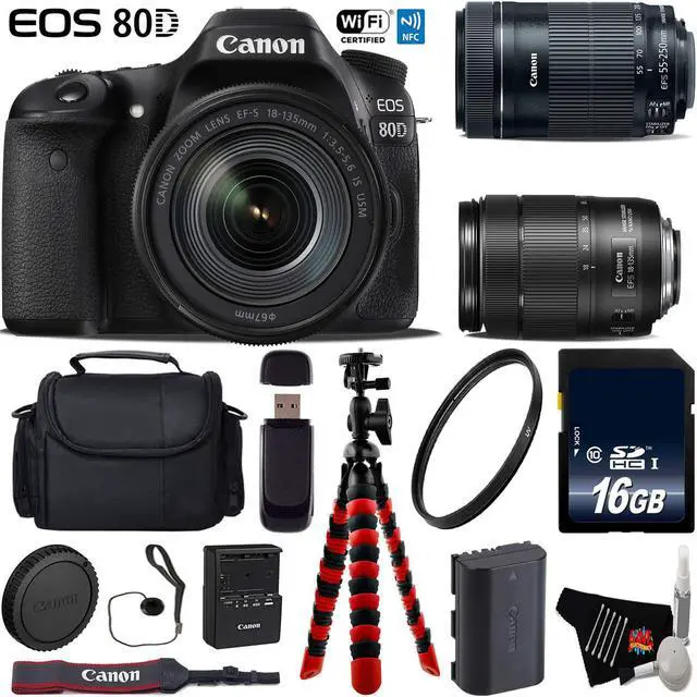 Main image of Canon EOS 80D DSLR Camera with 18-135mm is STM Lens & 55-250mm is STM Lens + Flexible Tripod + UV Protection Filter + Professional Case + Card Reader - Intl Model