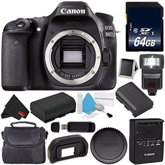 Alt view image 2 of 2 - Canon EOS 80D DSLR Camera (Body Only) 1263C004 (International Version) + 64GB SDXC Class 10 Memory Card + LP-E17 Replacement Lithium Ion Battery + External Flash + Carrying Case Bundle