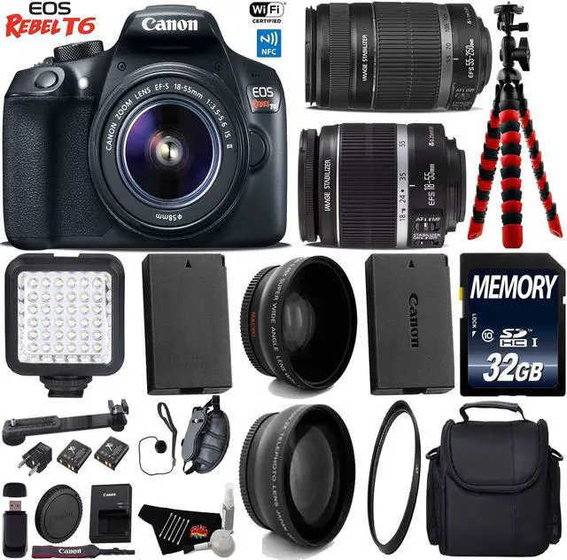 Main image of Canon EOS Rebel T6 DSLR Camera with 18-55mm IS Lens & 55-250mm IS II Lens + LED + Camera Case + UV FLD CPL Filter Kit + Wide Angle & Telephoto Lens + Tripod + Card Reader + Bundle (Intl Model)