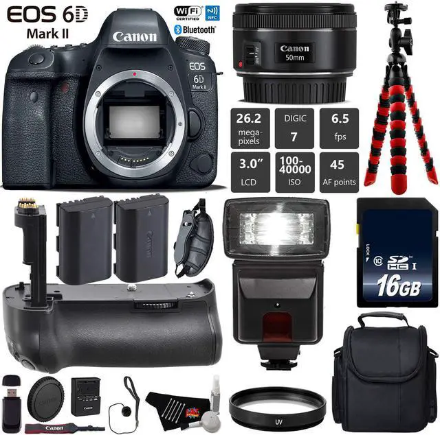 Main image of Canon EOS 6D Mark II DSLR Camera With 50mm f/1.8 STM Lens + Tripod + Professional Battery Grip + UV Protection Filter + Flash + Extra Battery + Case + Wrist Strap + Card Reader - Intl Model