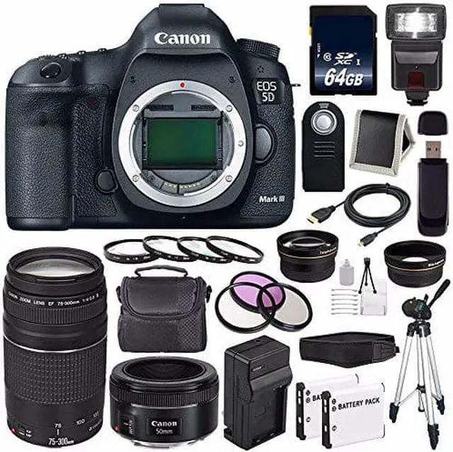 Alt view image 2 of 2 - Canon EOD 5D III Digital Camera International Model + Canon EF 75-300 III+ EF 50mm f/1.8 STM Lens + LP-E6 Replacement Battery + Charger + 64GB SDXC Card Bundle