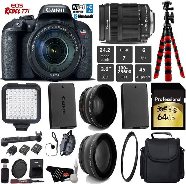 Main image of Canon EOS Rebel T7i DSLR Camera with 18-135mm IS STM Lens + LED + UV FLD CPL Filter Kit + Wide Angle & Telephoto Lens + Camera Case + Tripod + Card Reader - Intl Model