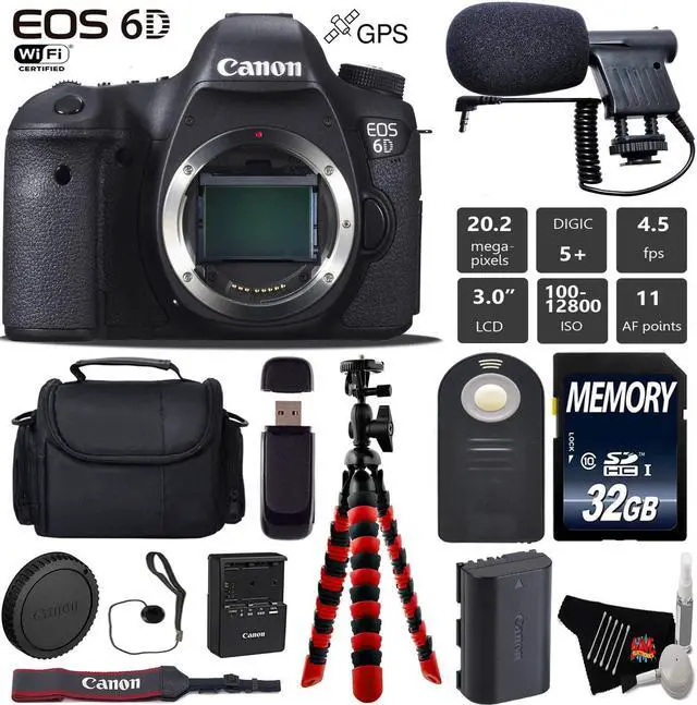 Main image of Canon EOS 6D DSLR Camera (Body Only) + Wrist Strap + Wireless Remote + Condenser Microphone + Case + Tripod + Card Reader