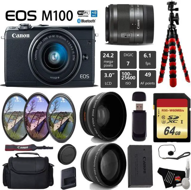 Main image of Canon EOS M100 Mirrorless Digital Camera (Black) with 15-45mm Lens + UV FLD CPL Filter Kit + Wide Angle & Telephoto Lens + Camera Case + Tripod + Card Reader - International Version