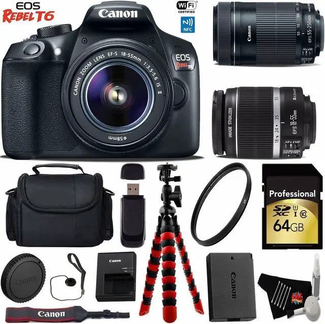 Main image of Canon EOS Rebel T6 DSLR Camera with 18-55mm IS Lens & 55-250mm IS STM Lens + Flexible Tripod + Professional Case + UV Protection Filter + Card Reader + Bundle (Intl Model)