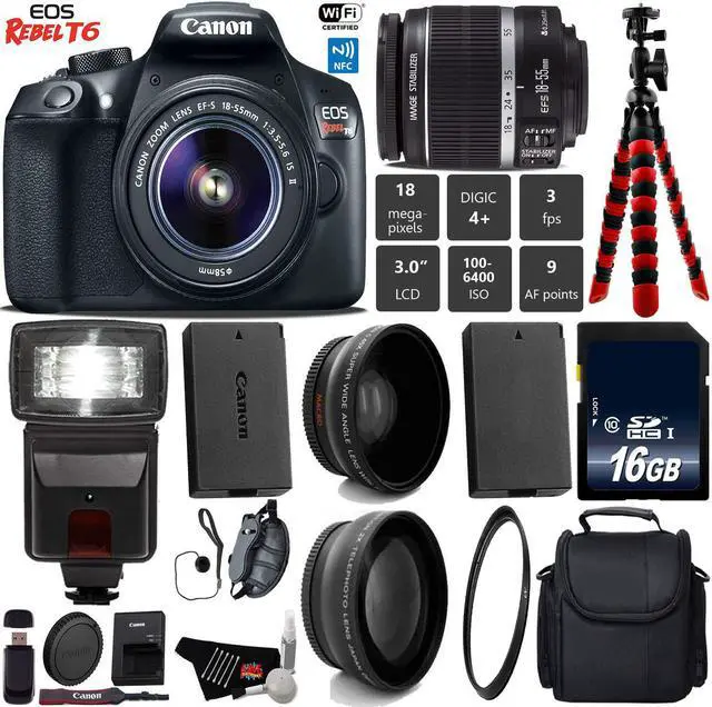 Main image of Canon EOS Rebel T6 DSLR Camera with 18-55mm IS II Lens + Flash + UV FLD CPL Filter Kit + Wide Angle & Telephoto Lens + Camera Case + Tripod + Card Reader + Bundle (Intl Model)