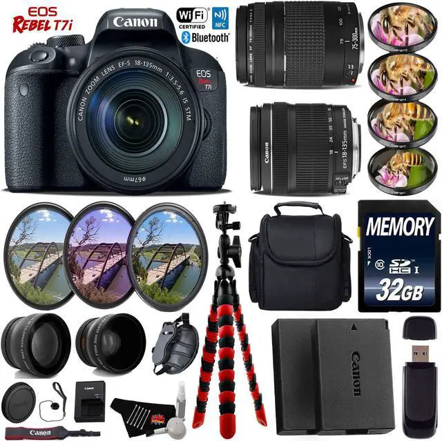 Main image of Canon EOS Rebel T7i DSLR Camera & 18-135mm IS STM Lens & 75-300mm III Lens + Case + UV FLD CPL Filter Kit + 4 PC Macro Kit + Wide Angle & Telephoto Lens + Tripod + Card Reader- Intl Model