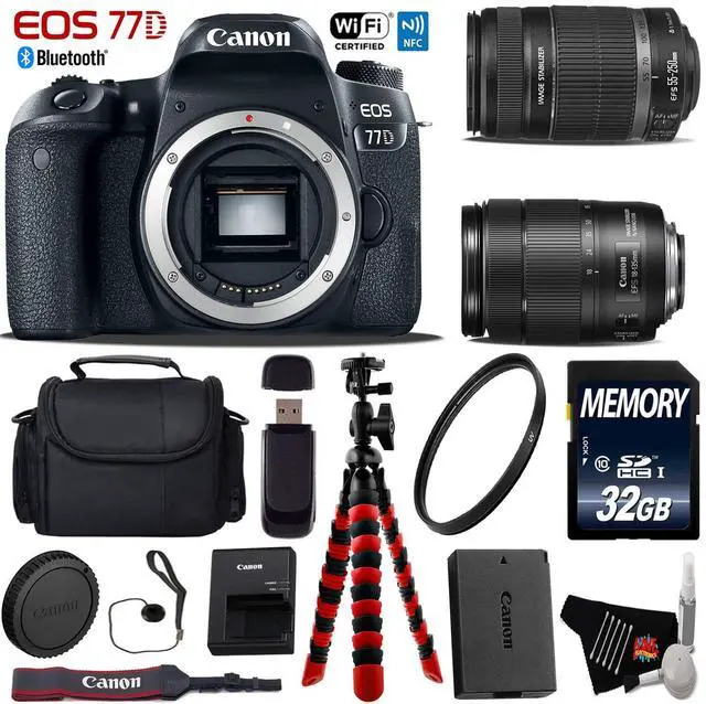 Main image of Canon EOS 77D DSLR Camera with 18-135mm is STM Lens & 55-250mm is II Lens + UV Protection Filter + Flexible Tripod + Professional Case + Card Reader - Intl Model