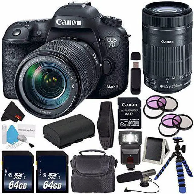 Alt view image 2 of 2 - Canon EOS 7D Mark II (International Model)  with 18-135mm f/3.5-5.6 IS USM Lens & W-E1 Wi-Fi Adapter 9128B135 + Canon EF-S 55-250mm Lens + 64GB SDXC Card + LP-E6 Lithium Ion Battery + Carrying Case
